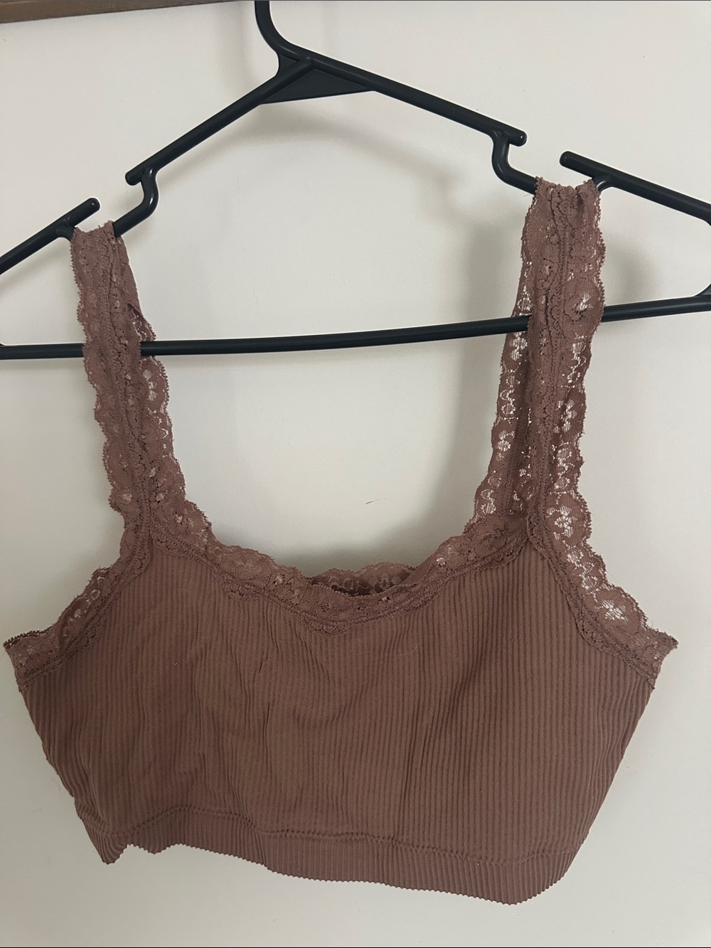 Garage Ribbed Lace-Trim Bralette - Mauve Brown